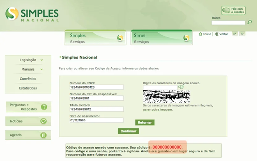 o que é código de acesso simples nacional