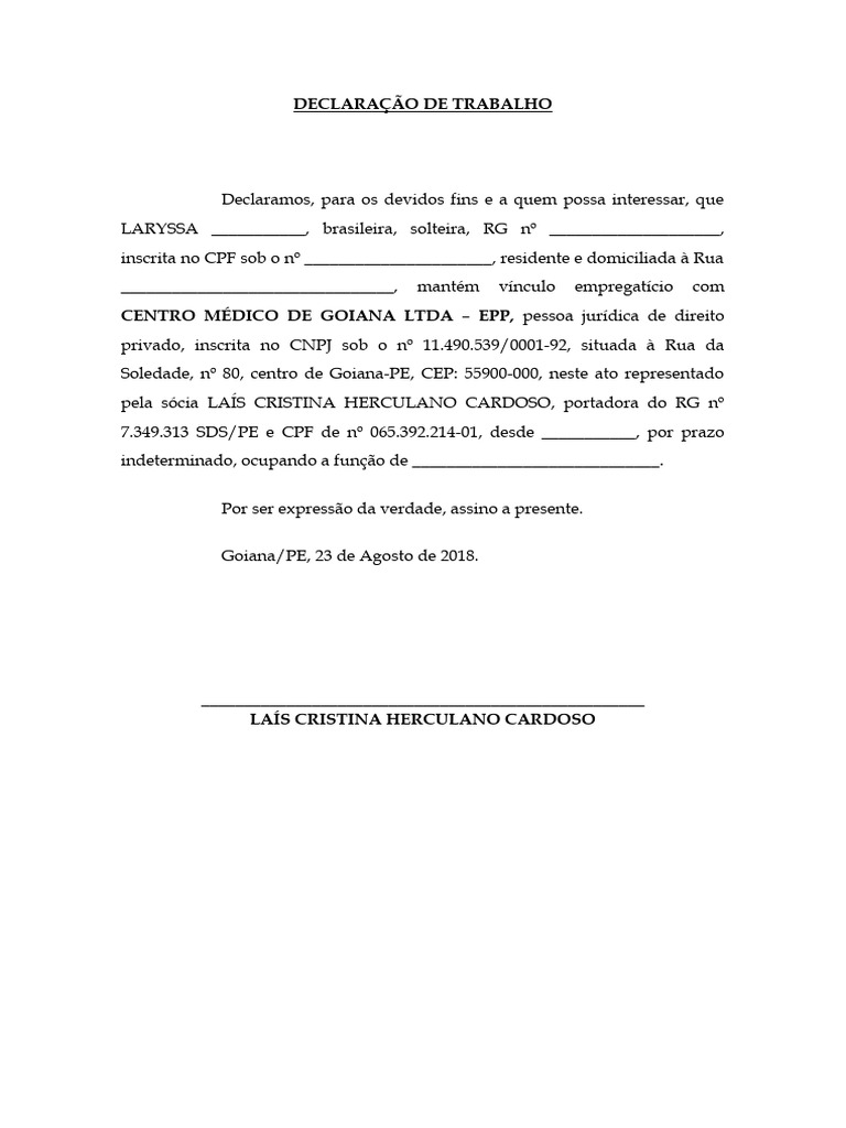 declaração de trabalho