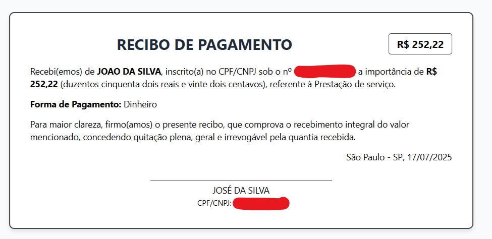 modelo de recibo preenchível