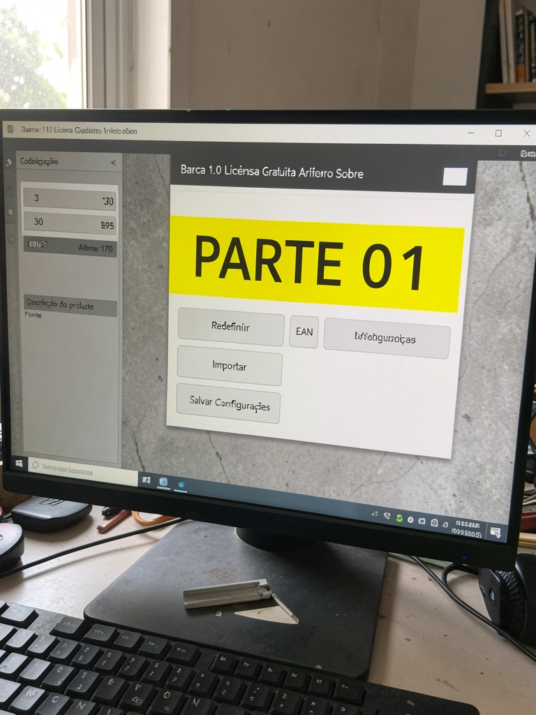 Monitor exibindo software de gerenciamento de etiquetas com interface de tabelas e menus