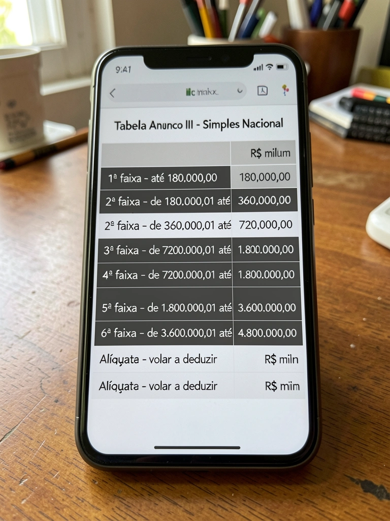 Infográfico com tabela do Simples Nacional, destacando o Anexo III em cor diferente.