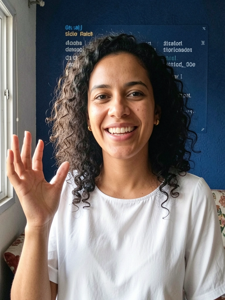 Mulher confiante falando em frente a um microfone, com a palavra 