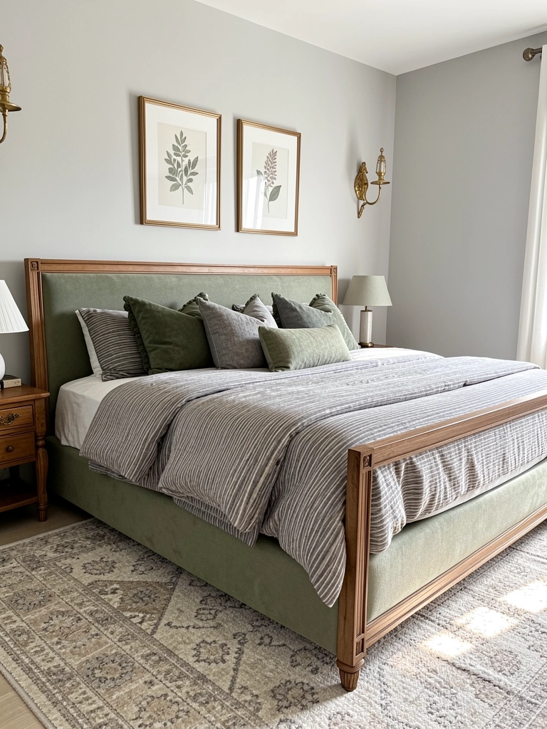 Cama box casal com estrutura de madeira, estofado verde sálvia e edredom listrado cinza e branco.