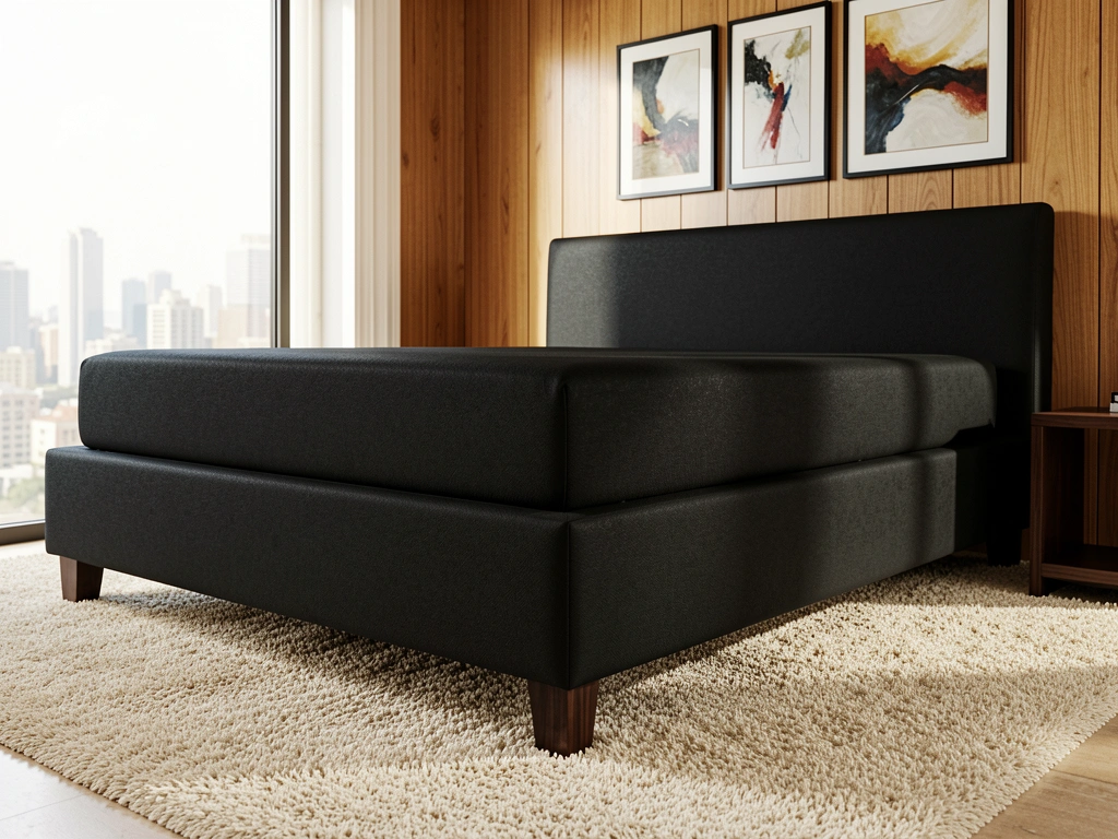 Cama box preta com estofamento texturizado sobre carpete bege claro em quarto com painéis de madeira.