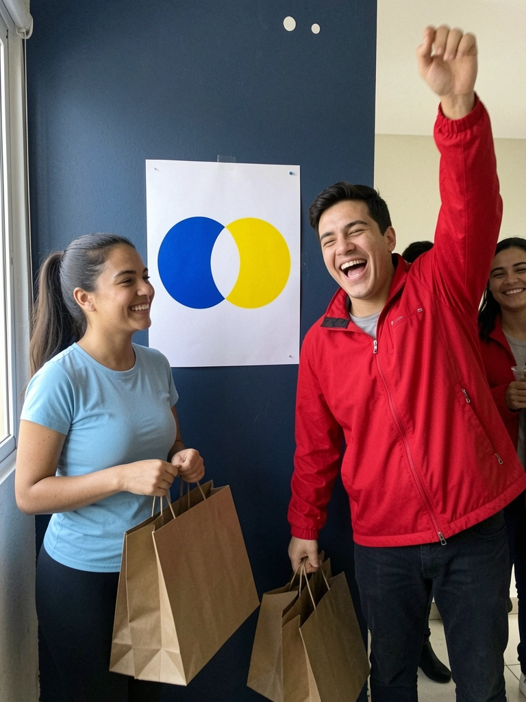 Pessoas interagindo com um painel digital em um evento corporativo, com luzes coloridas refletindo no ambiente.