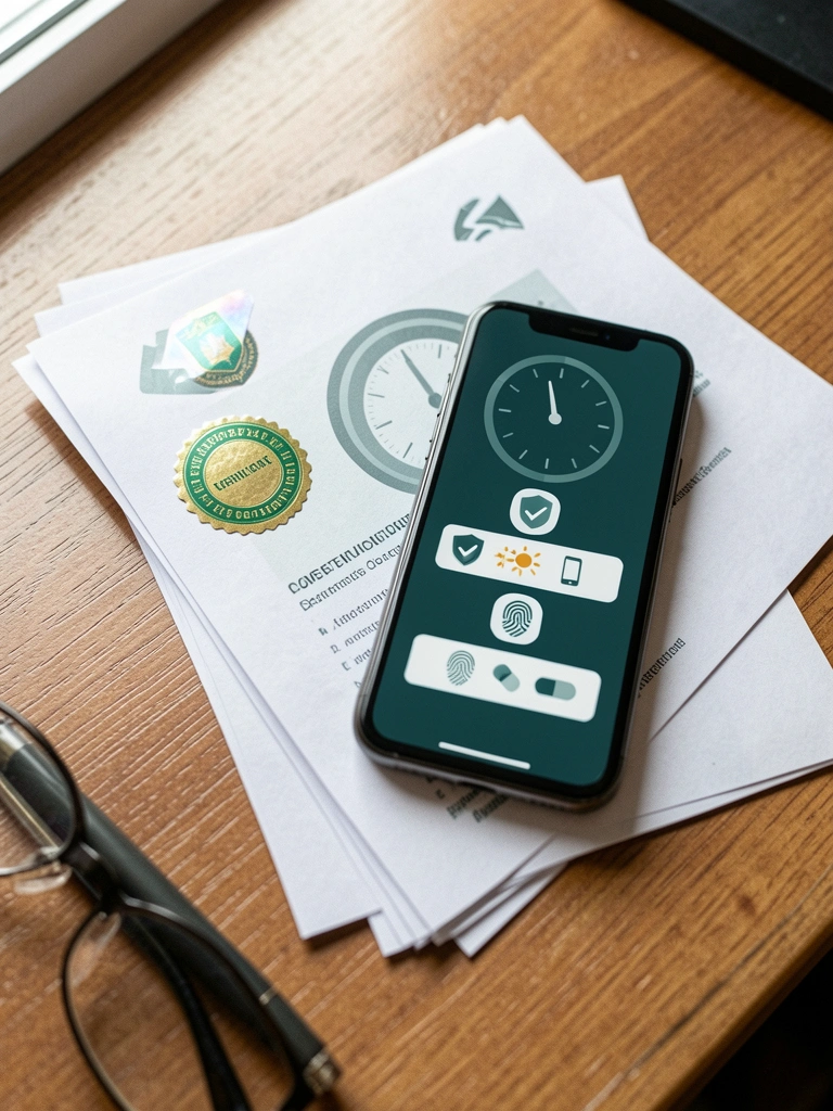 Logomarca do ITI com selo de verificação sobre documentos eletrônicos