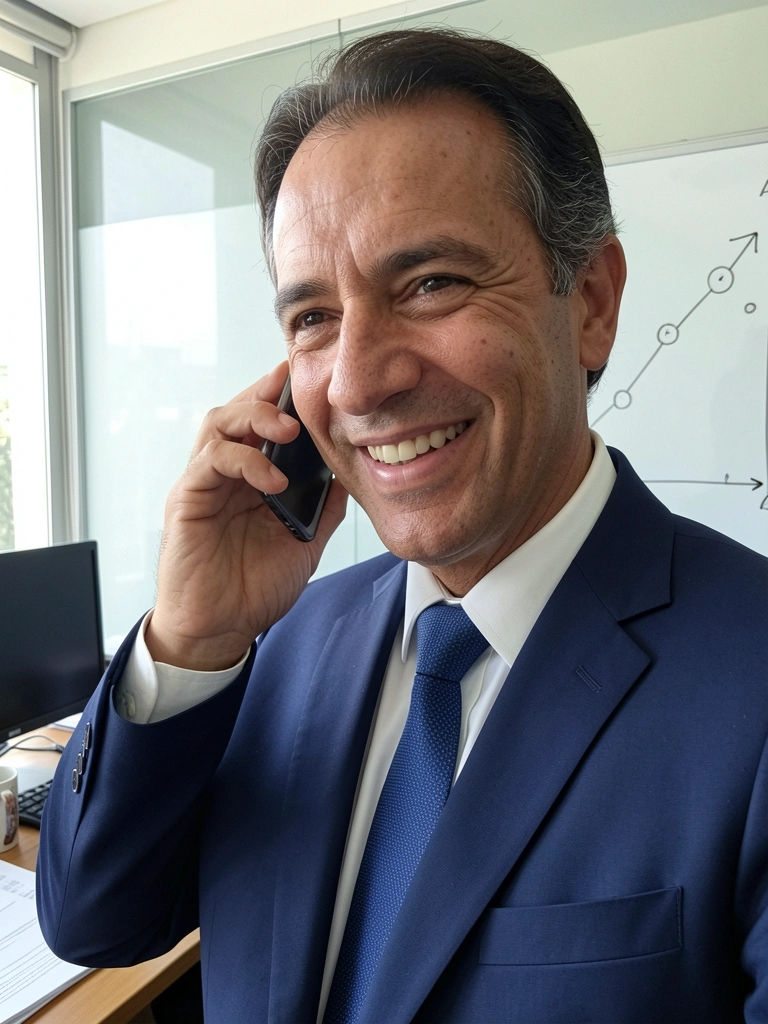 Vendedor ao telefone com gráfico de crescimento ao fundo