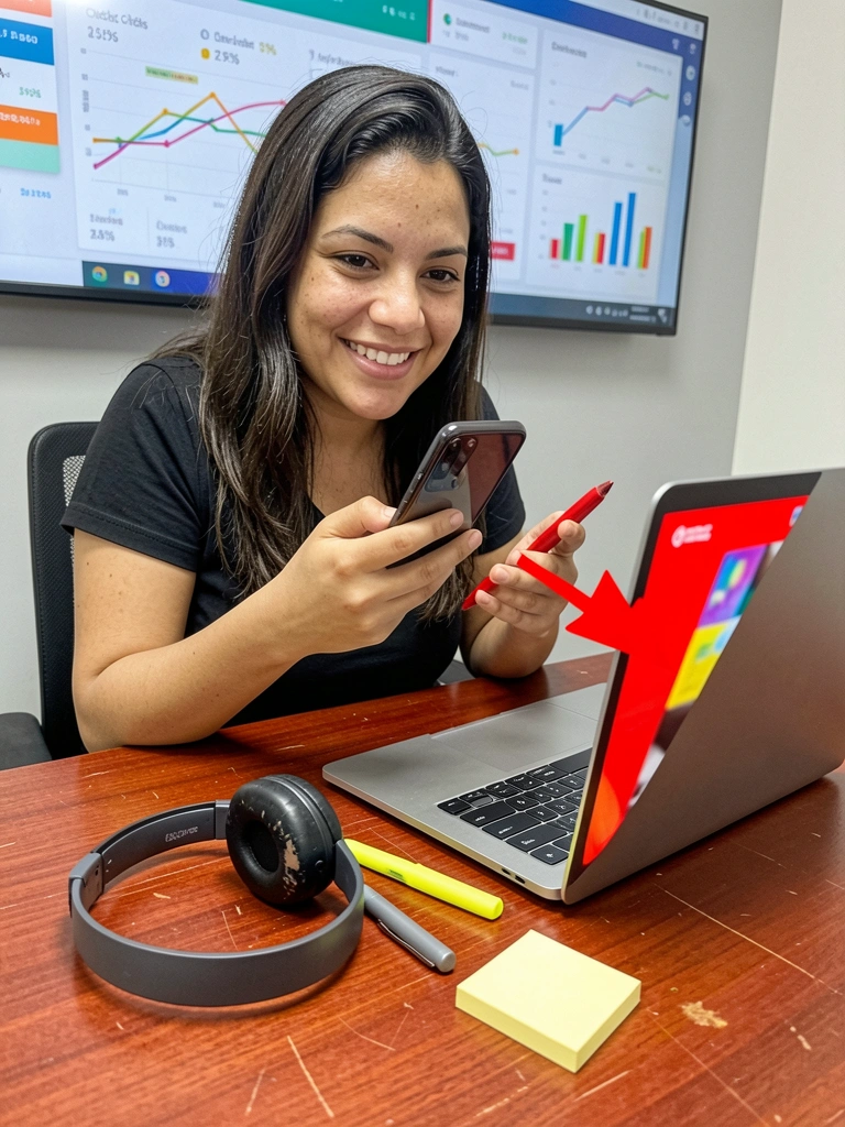 Pessoa segurando smartphone com gráficos de cliques e vendas ao fundo