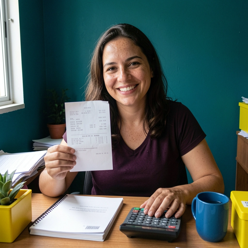 Microempreendedor segurando boleto vencido com calculadora ao lado