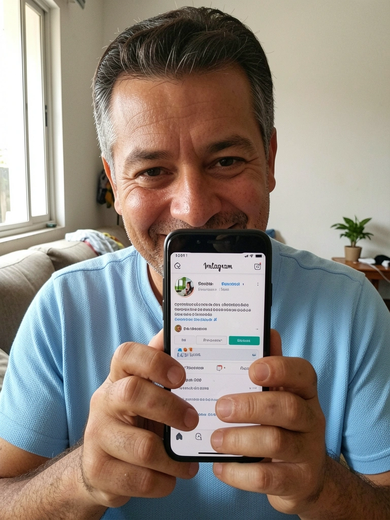 Pessoa segurando celular com perfil comercial do Instagram aberto, campo de bio visível e preenchido.