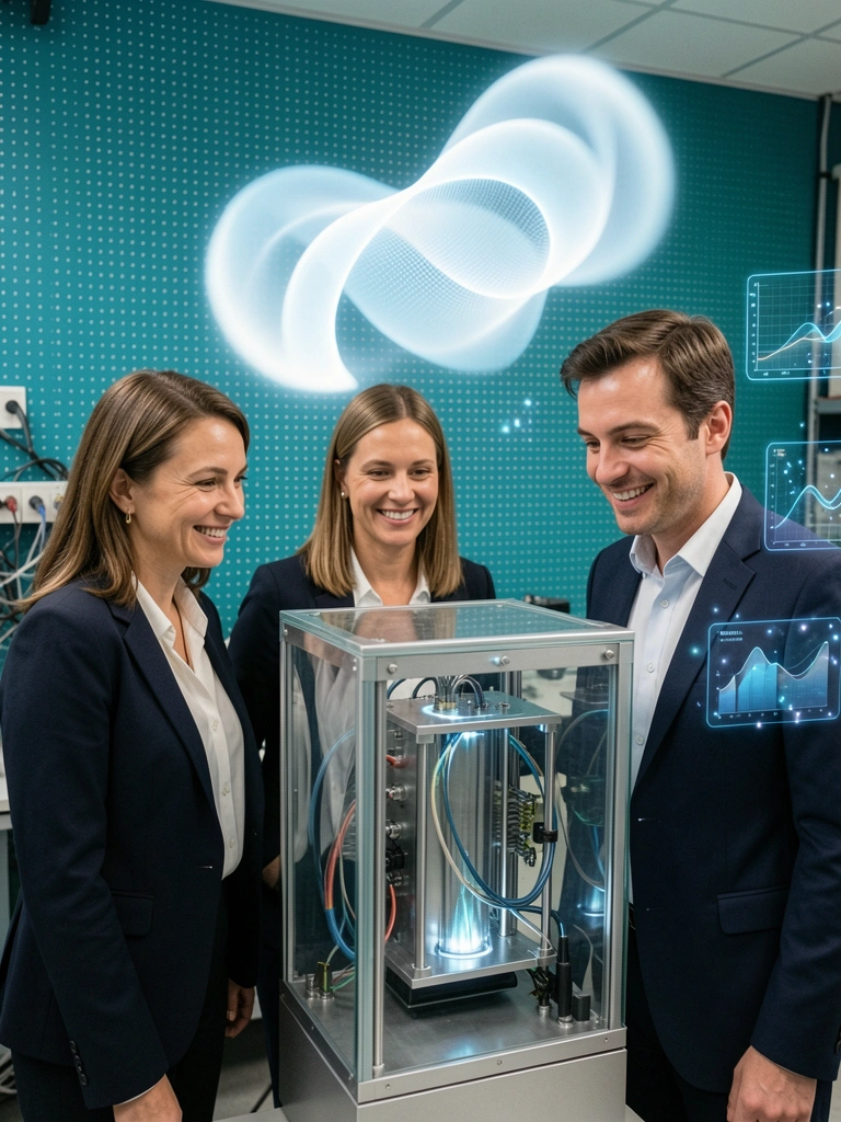 Executivos em sala escura observando um computador quântico com hologramas brilhantes ao redor