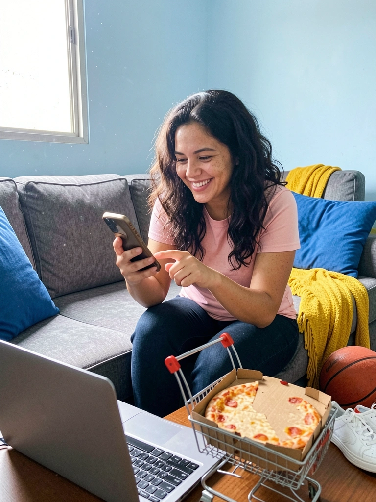 Pessoa sorridente no sofá usando smartphone para comprar online