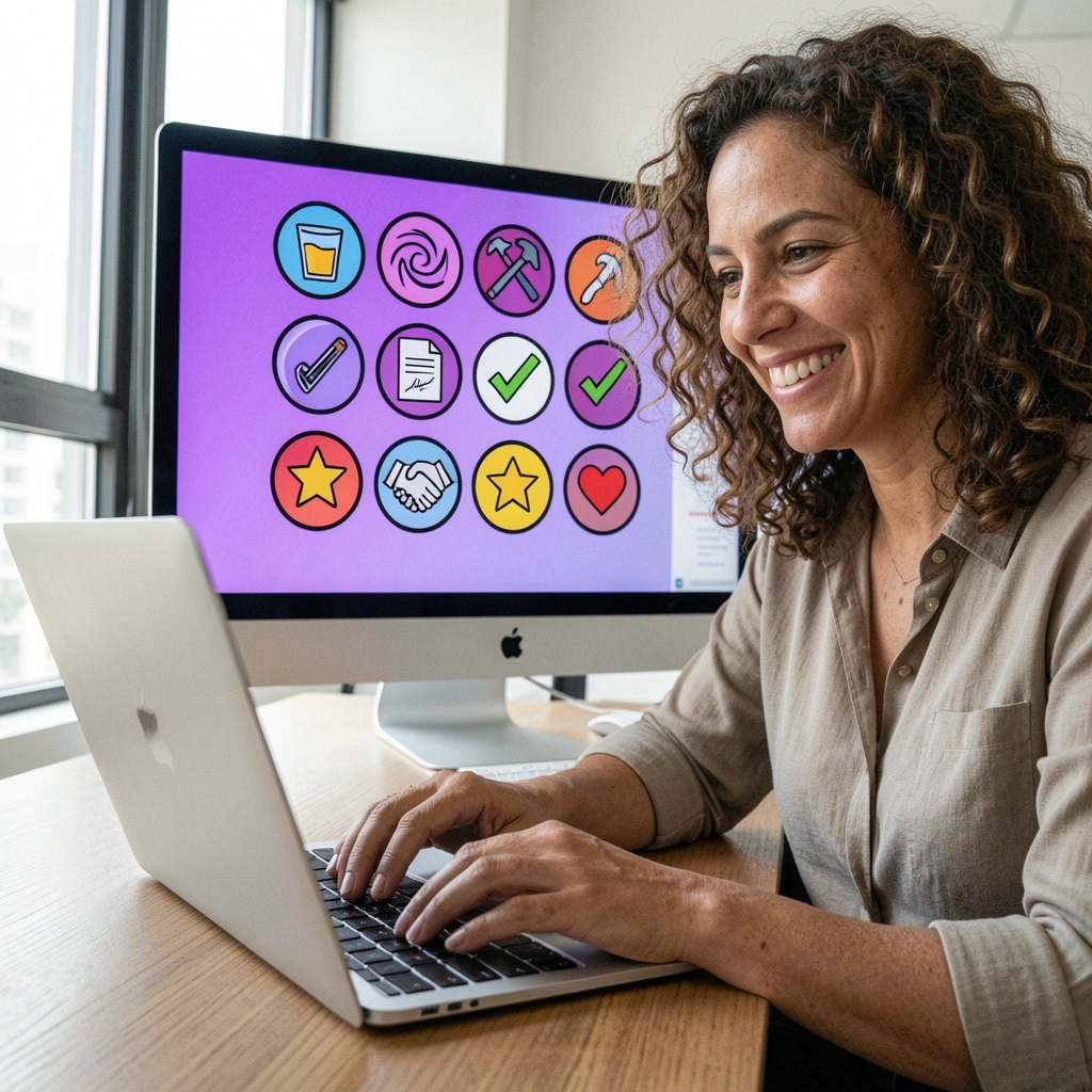 Profissional digitando em laptop com gráficos de vendas ao fundo