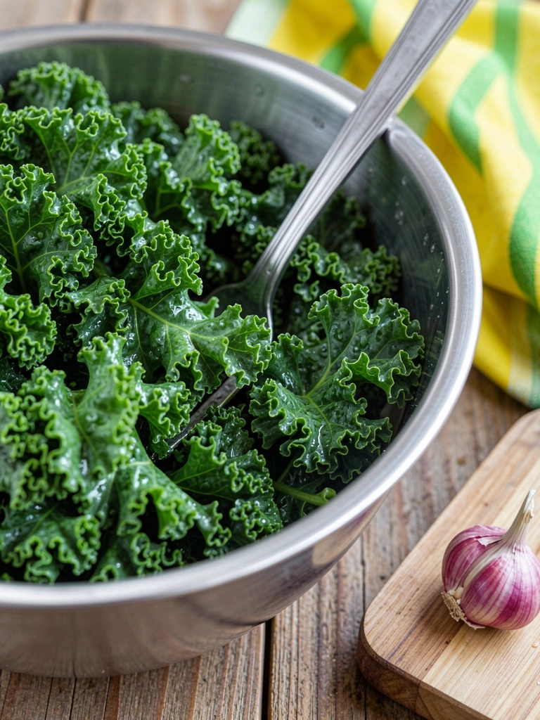 Tigela de aço inoxidável com couve verde brilhante, garfo e dente de alho vermelho sobre mesa rústica de madeira.