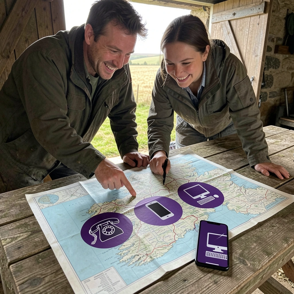 Mapa da Irlanda com equipe de campo em campo, analisando dados em tablets