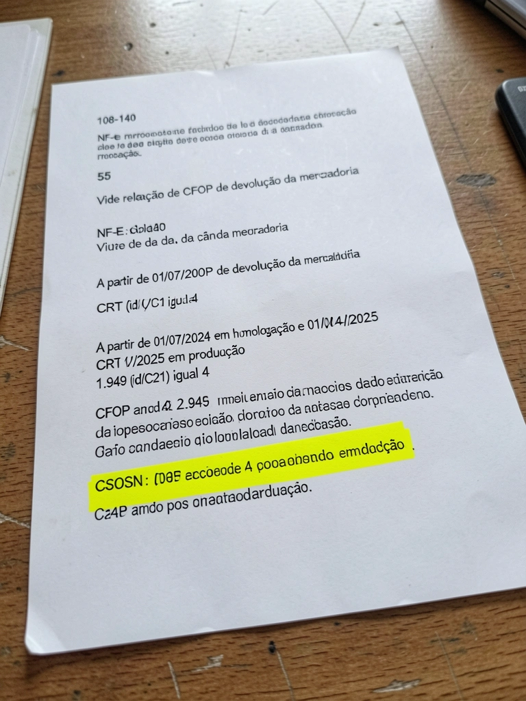 Nota fiscal eletrônica com o campo CSOSN destacado em amarelo