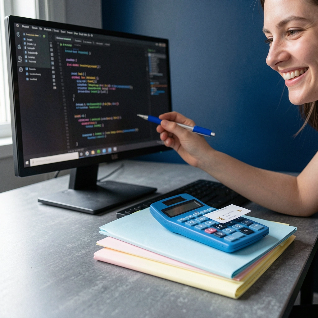 Caneta sobre teclado apontando para código em monitor