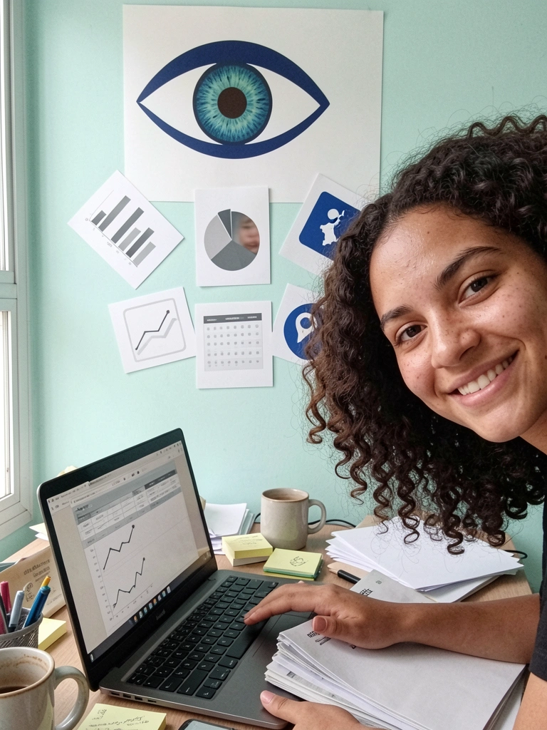 Mesa de trabalho com computador, papéis impressos e anotações, mãos selecionando materiais