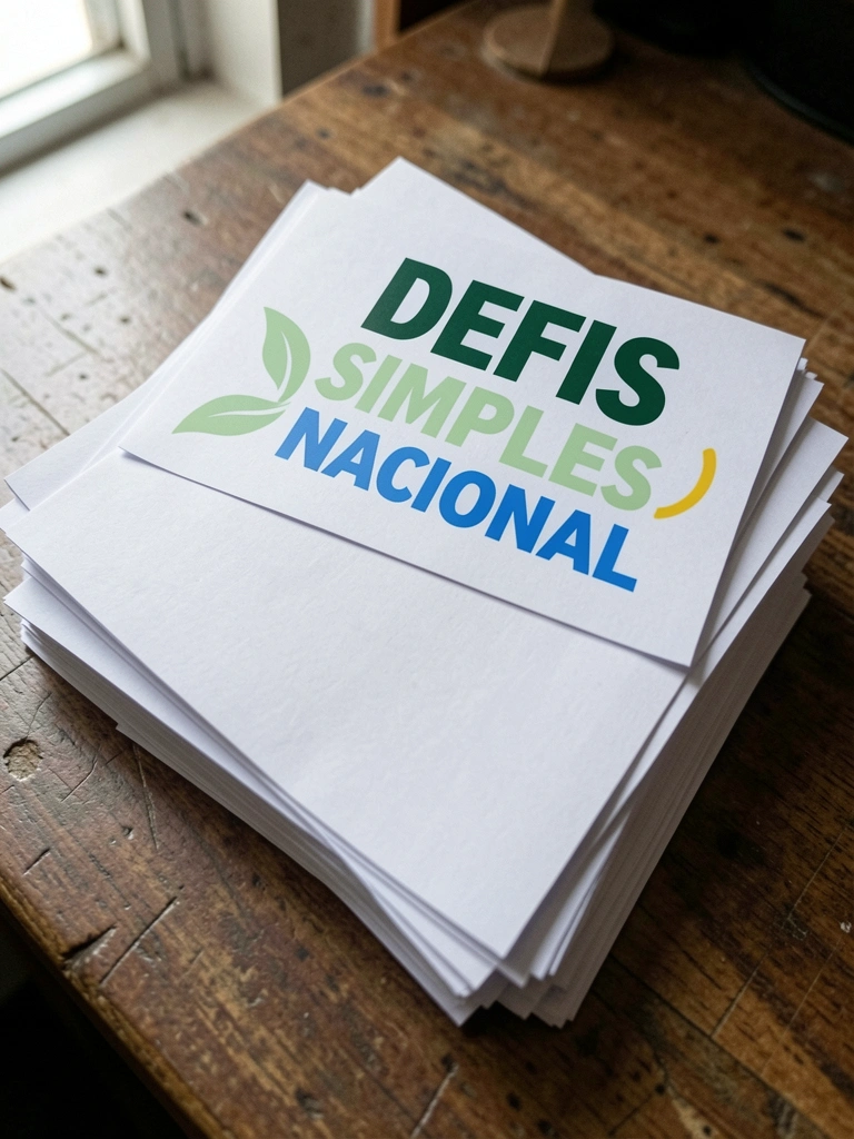 Pilha de documentos fiscais com o selo do Simples Nacional sobre a mesa