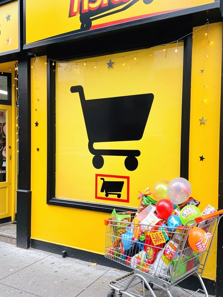 Vitrine colorida com cartazes de promoção e manequins vestidos