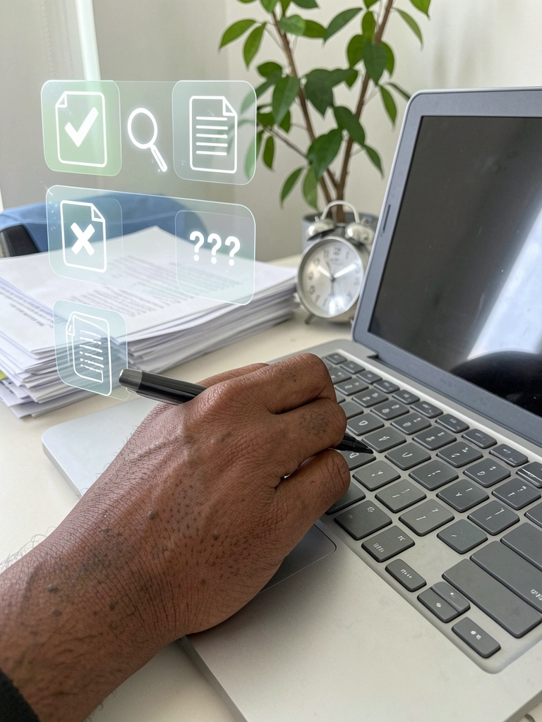 Pilhas de papéis e um relógio de mesa sobre uma escrivaninha em escritório