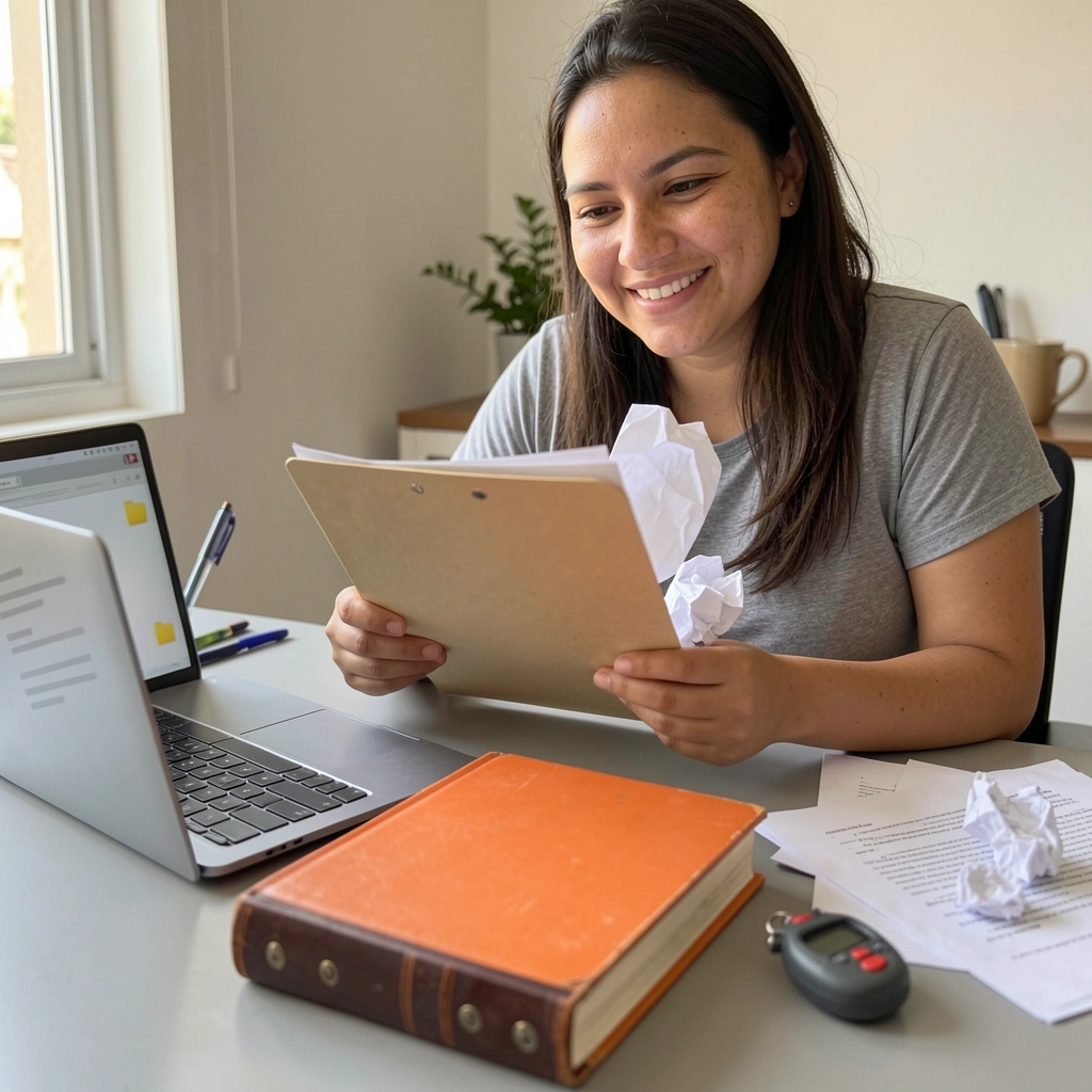 Pessoa folheando documentos em um arquivo de escritório, com um cronômetro sobre a mesa ao lado.