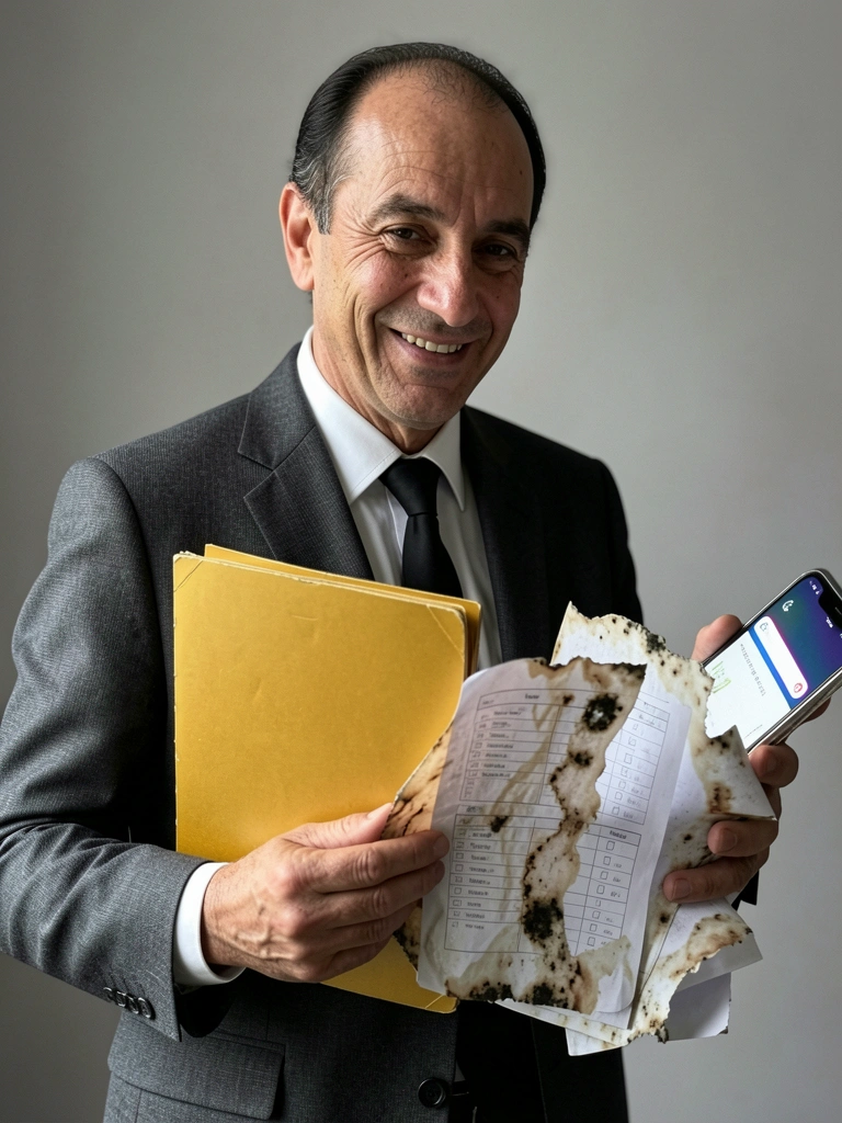 Documento de papel com manchas de mofo e bordas enrugadas sobre superfície clara