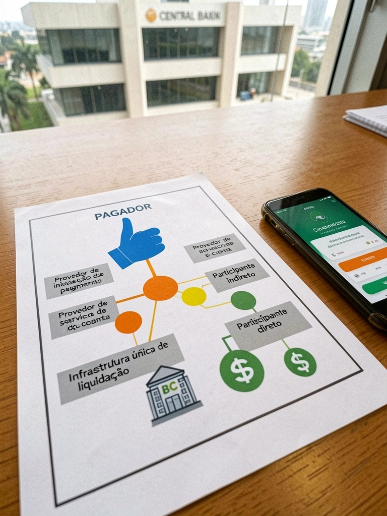 Mão segurando celular com tela de pagamento aprovado, fundo com símbolo do Banco Central