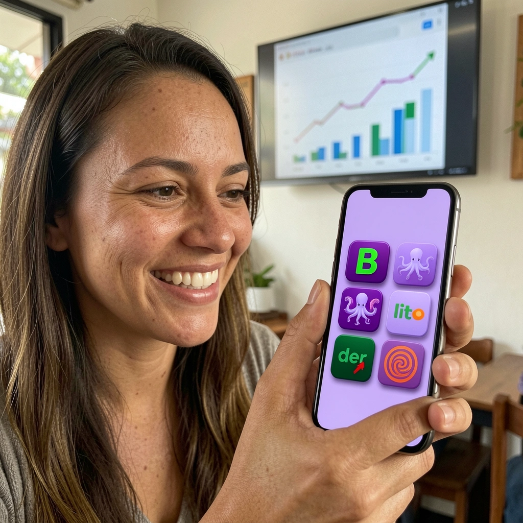 Pessoa segurando celular com gráficos de crescimento ao fundo