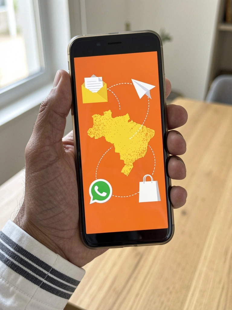 Mapa do Brasil com ícones de email, WhatsApp e carrinho de compras conectados por linhas