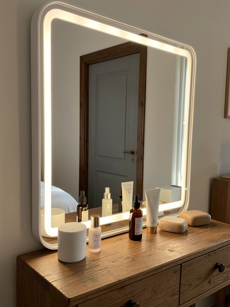 Espelho retangular iluminado com moldura fina branca refletindo penteadeira de madeira com frascos de skincare.