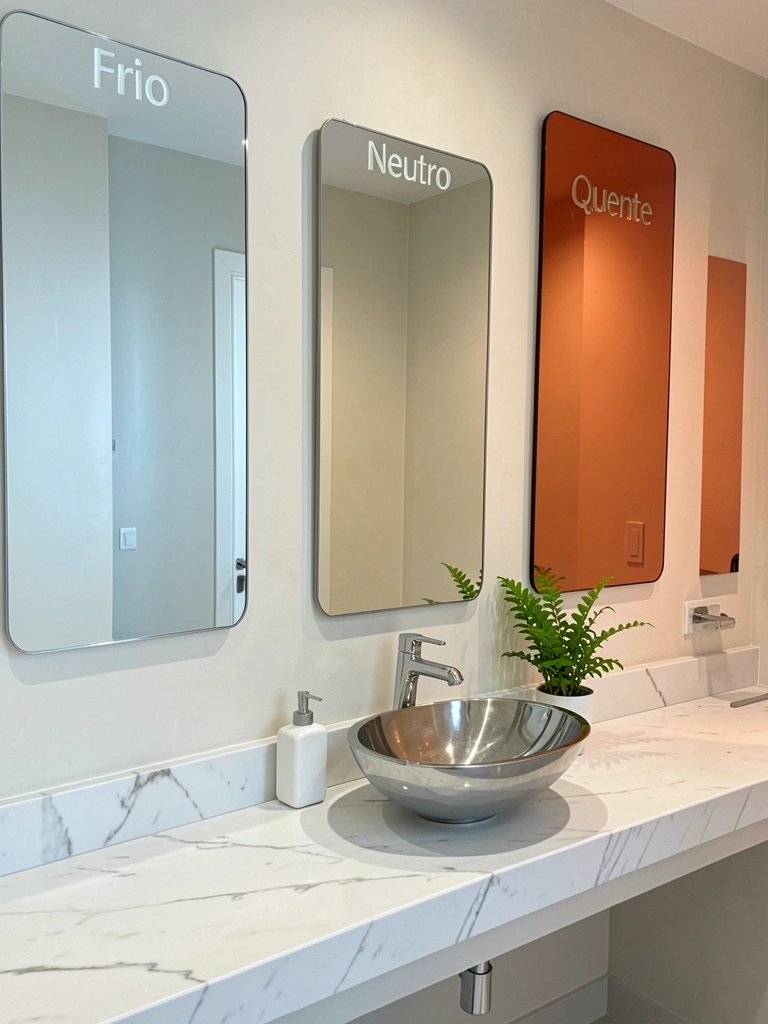 Três espelhos retangulares com temperaturas de cor fria, neutra e quente refletem bancada de mármore branco com pia metálica e vaso de planta verde.
