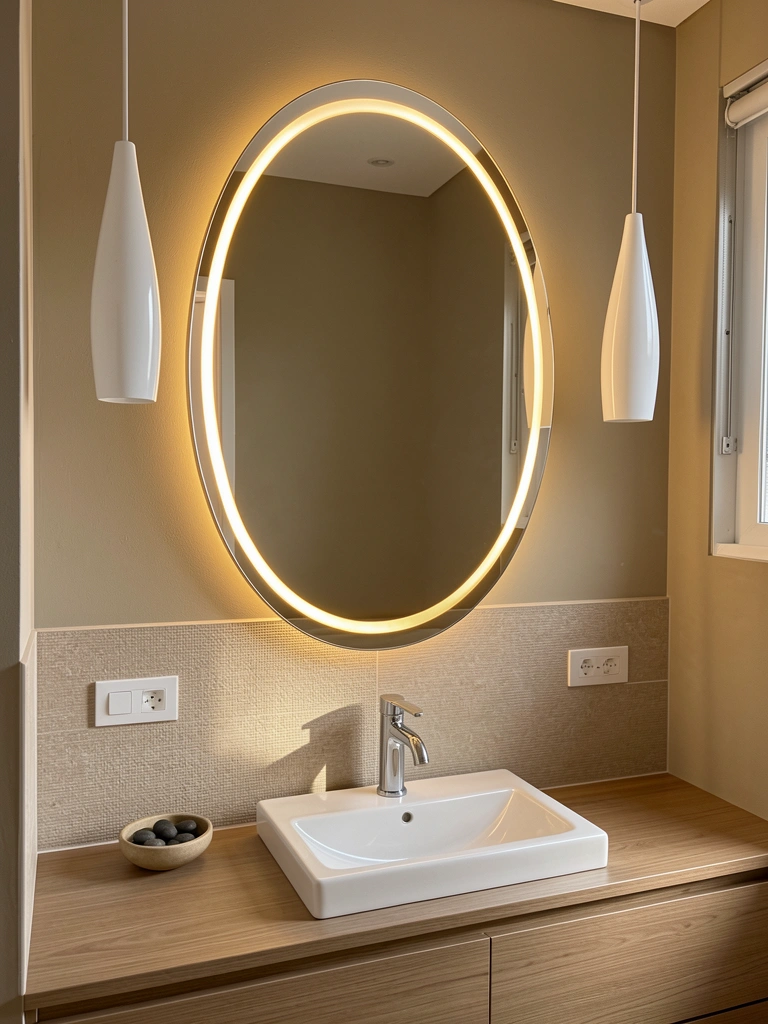 Espelho oval com moldura LED dourada sobre bancada de madeira clara e cuba de cerâmica branca.