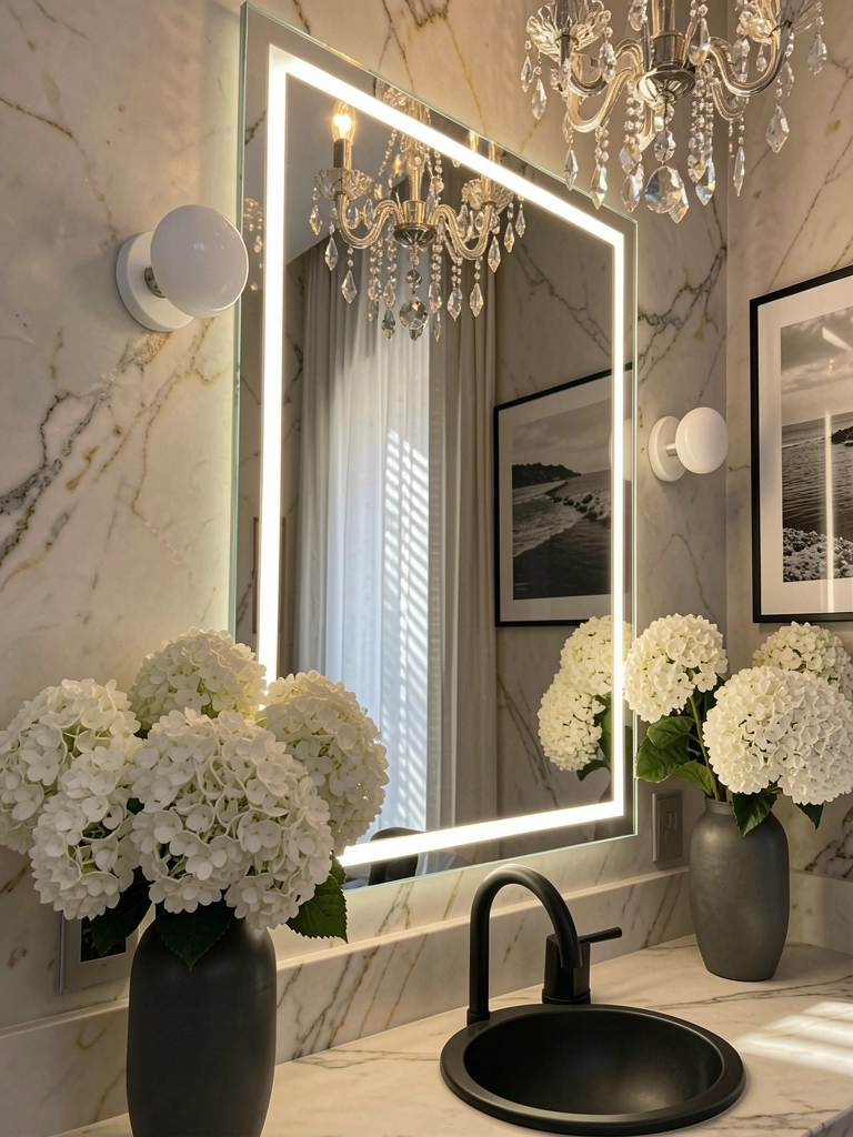 Mármore texturizado refletido em espelho com moldura LED branca, pia preta escovada e vaso cinza com hortênsias brancas.