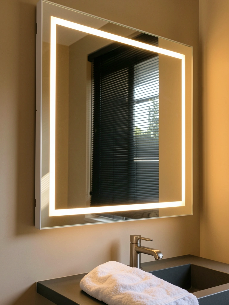 Espelho retangular com moldura branca e iluminação LED, refletindo banheiro com pia cinza escura e torneira cromada.