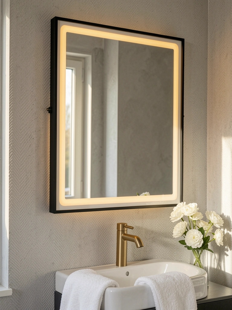 Espelho retangular preto com iluminação LED refletindo pia branca e torneira dourada.