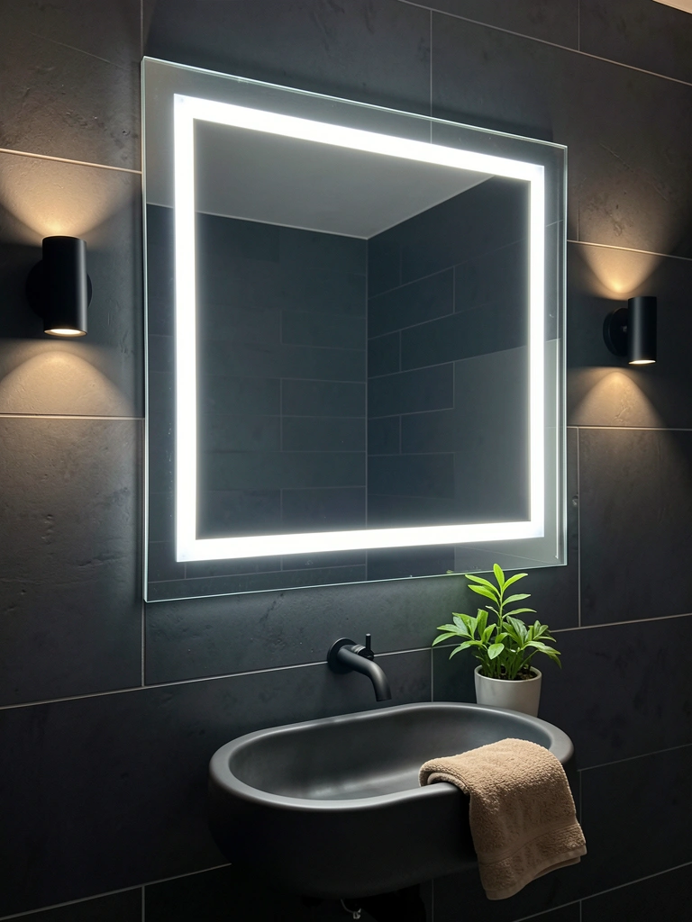 Espelho quadrado iluminado com moldura LED branca sobre azulejos cinza escuro, cercado por arandelas pretas e pia orgânica.