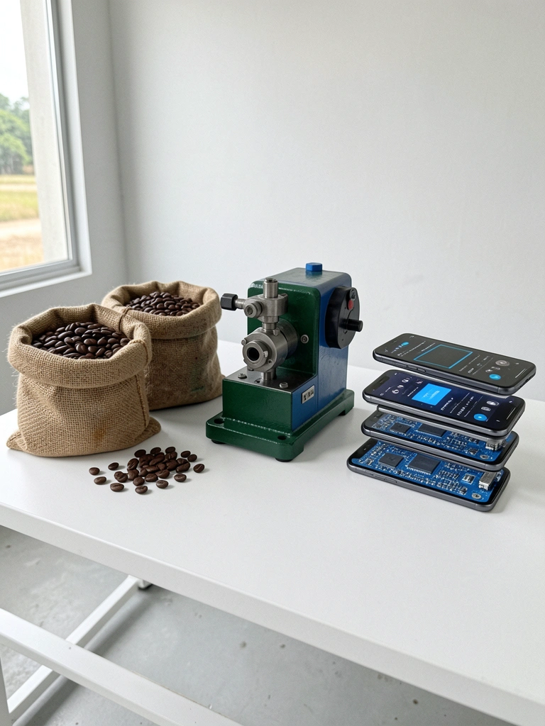 Café em sacas, máquinas industriais e eletrônicos empilhados em um galpão de exportação.