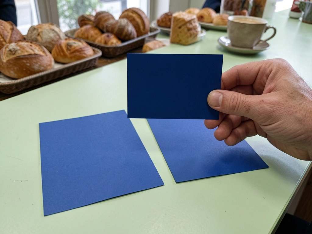Mão segurando um flyer A6 de 10x15 cm sobre o balcão de uma padaria