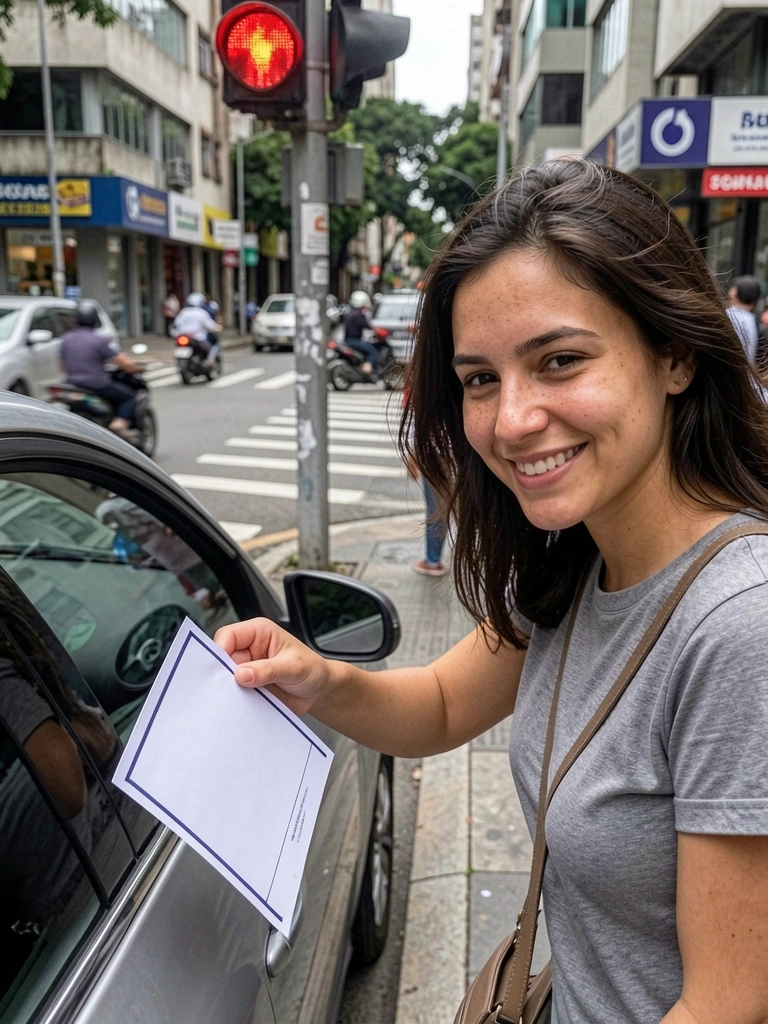 Mão estendida entregando flyer A5 a motorista em semáforo movimentado