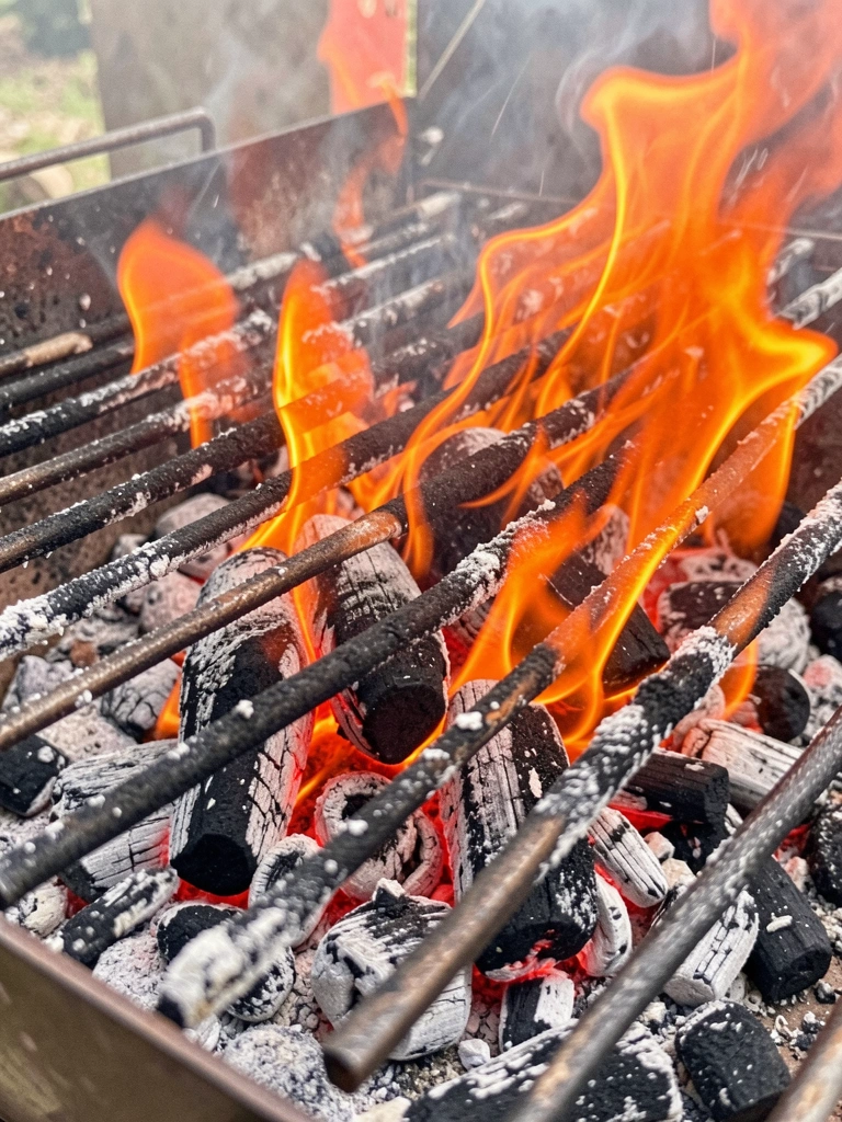 Grelha de metal com carvão em brasa e chamas alaranjadas, textura de fuligem e luz natural.