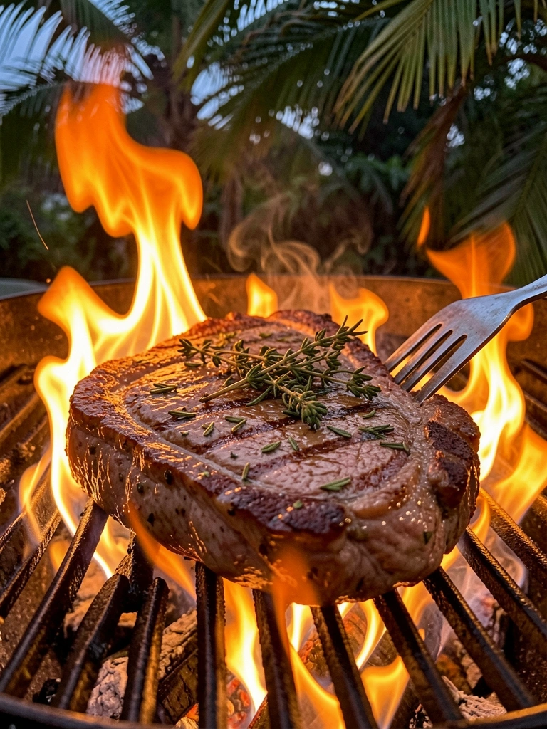 Bife de costela grelhado com crosta dourada, ervas frescas e chamas alaranjadas ao fundo.