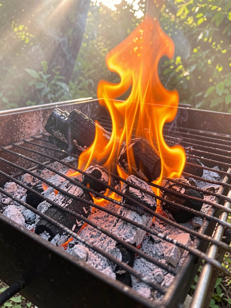 Grelha de carvão com chamas alaranjadas e brasas incandescentes sob luz natural difusa.