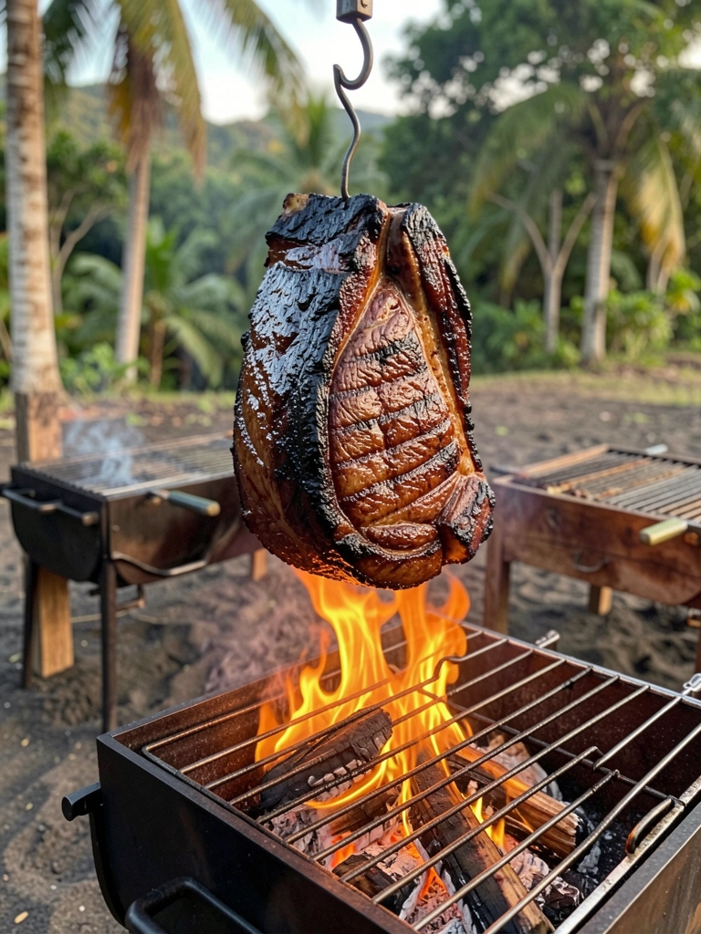 Pedaço de carne bovina preta e carbonizada sobre grelha metálica, com fogo intenso ao fundo e luz natural tropical.