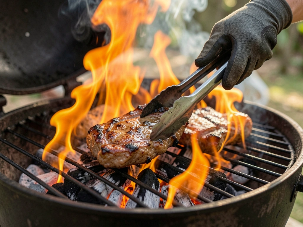 Mão enluvada segurando pinça virando carne grelhada sobre brasas com chamas alaranjadas.
