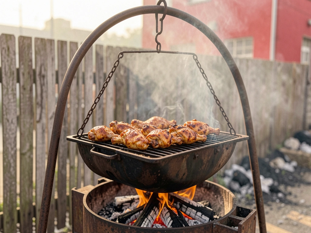 Grelha de metal rústica pendurada em suporte curvo sobre fogo de carvão intenso com pedaços de frango brilhando.