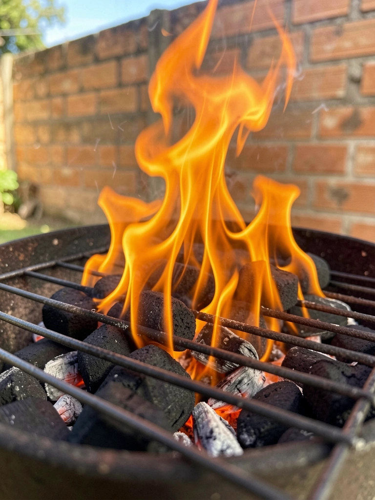 Grelha de metal preta com chamas laranja e amarelas sobre carvão em brasa, iluminação natural de tarde.