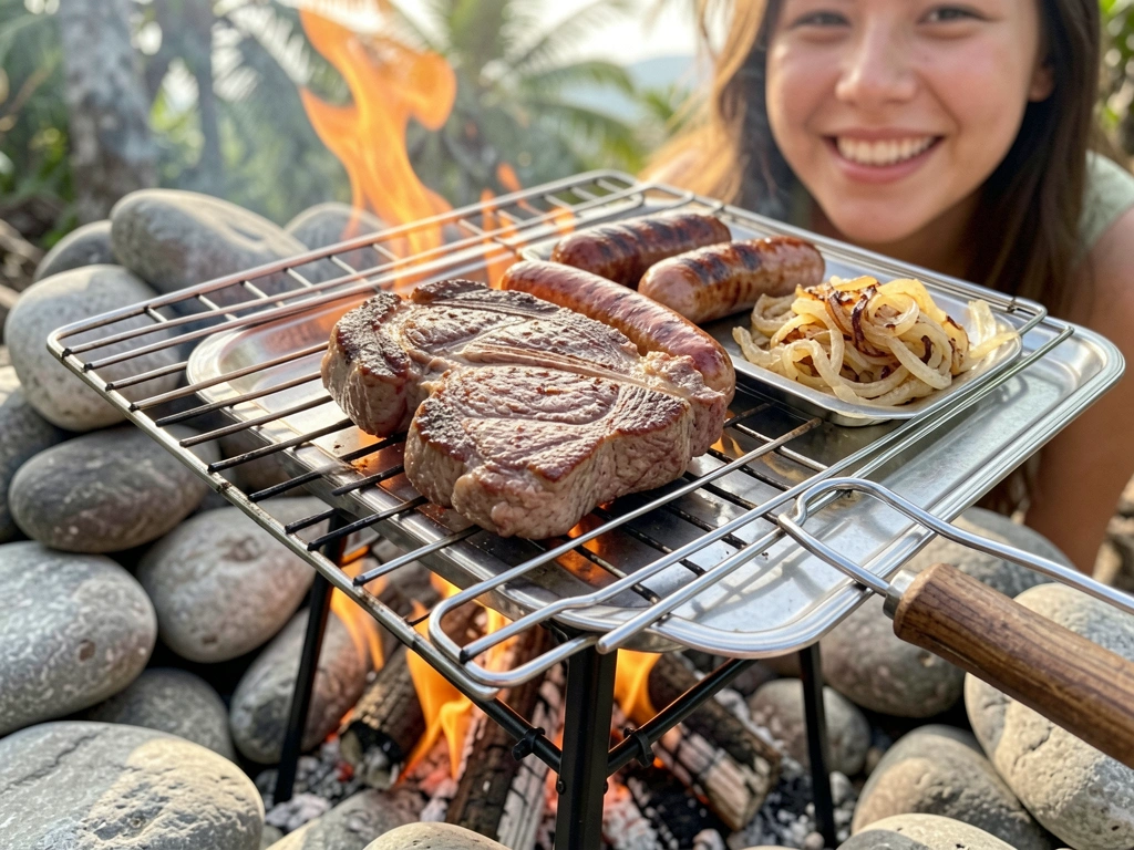 Grelha metálica com bife, salsicha e cebolas caramelizadas sobre fogo, com pedras cinzas ao redor e mulher sorrindo ao fundo.