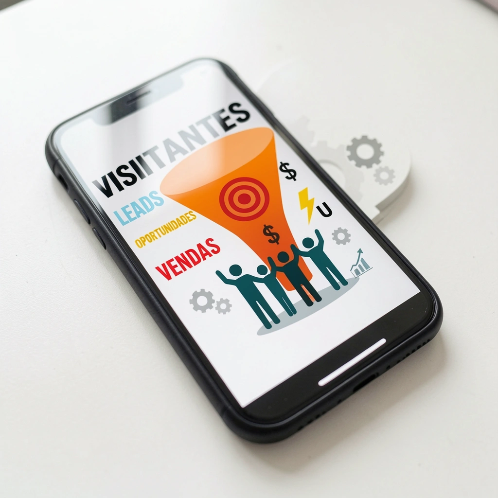 Funil de vendas com visitantes no topo e leads qualificados saindo na base