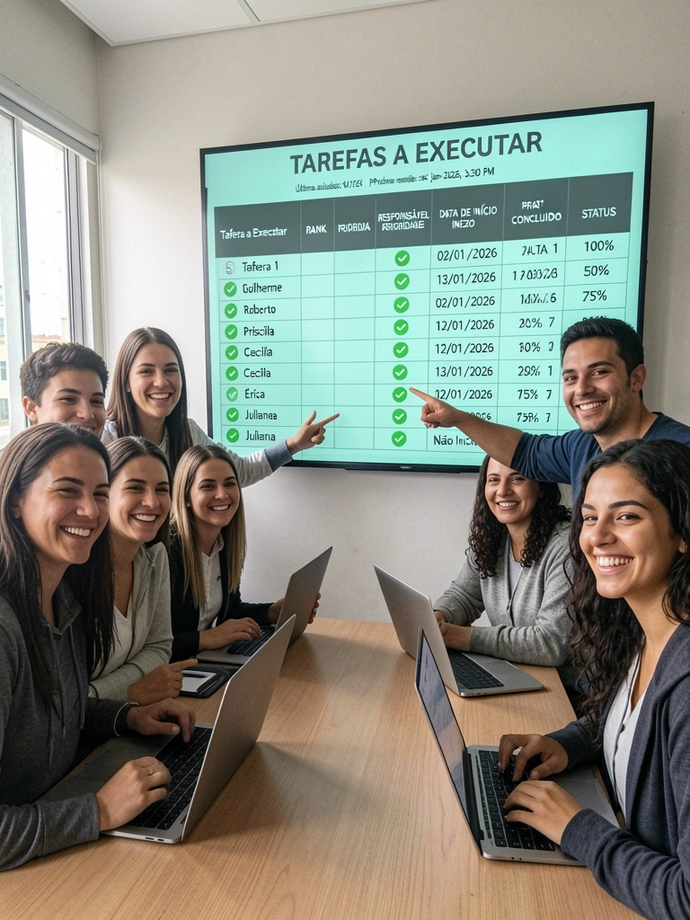 Equipe em escritório moderno com laptops e quadro digital